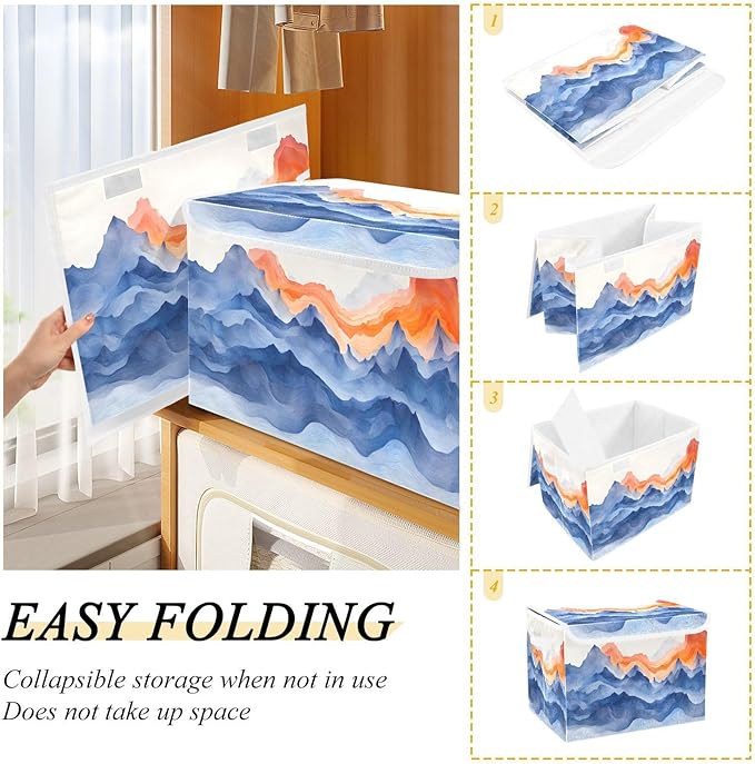 AIXIWAWA Lidded Storage Cube (Watercolor Mountain) Fabric Foldable Closet Bins with Flip Lid and Handles Organizer Basket Container 16.5 x 12.6 x 11.8 IN
