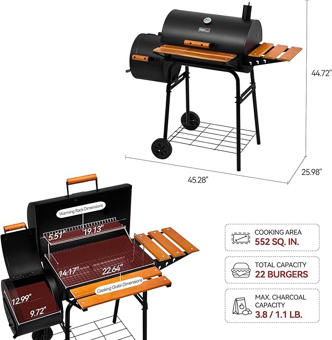 Royal Gourmet CC1624W Barrel Charcoal Grill with Offset Smoker 552 Sq. In. Cooking Area Wooden Front and Side Shelf with Hooks Mesh Bottom Shelf Charcoal Grill for Outdoor Grilling Black