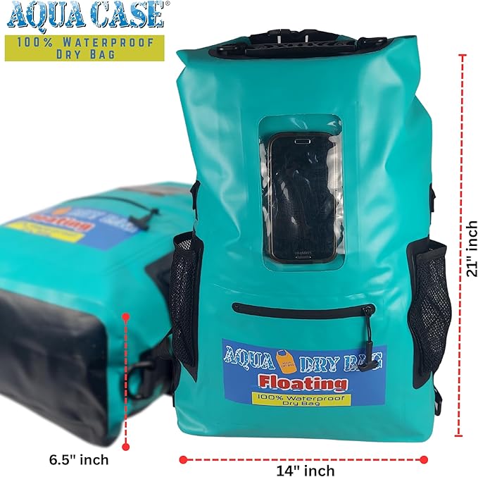Waterproof Backpack 28L Teal Dry Bag Cell Phone Pouch with Exterior Window for Easy Use During All Water Sports | 28L Large Capacity | Ideal for Hiking Boating Rafting and Travel