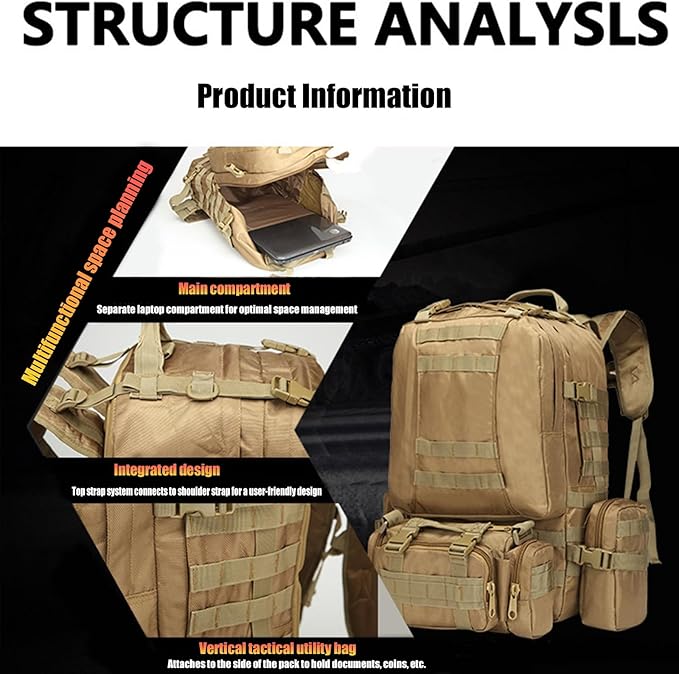 55L Tactical Backpack with Waterproof Ventilated Built Up 3 MOLLE Bags Anti Pressure Rucksacks for Travelling(Black)