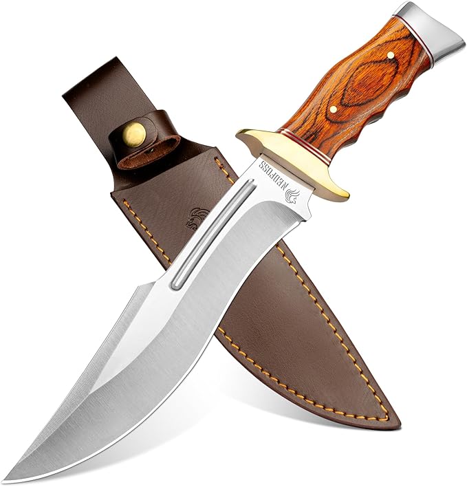 NedFoss SA78 Fixed Blade Knife 12 Inch Wood Handle Bowie Hunting Knife with Leather Sheath for Camping Hiking Survival Bushcraft Knife Gifts for Men Birthday Valentine's Day Christmas
