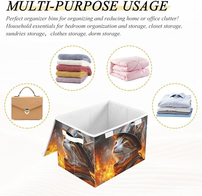 AIXIWAWA Lidded Storage Cube (Firefighter Cats) Fabric Foldable Closet Bins with Flip Lid and Handles Organizer Basket Container 16.5 x 12.6 x 11.8 IN