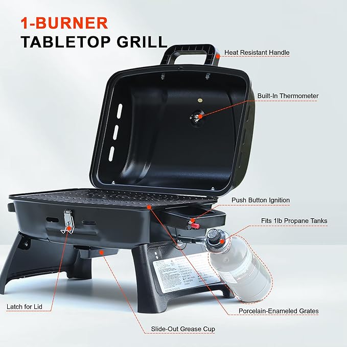 BRANDMAN GRILLS SINCE 1987 Portable Propane Gas Grill 1-Burner Tabletop Compact BBQ Grill with Folding Legs and Lockable Lid for Camping Tailgating &amp Outdoor Cooking Hassle-Free Setup