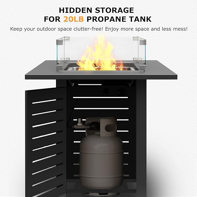28'' Propane Fire Pit Table 50000 BTU Steel Gas Firepit for Outdoor Patio Deck and Garden CSA Certified Fire Pit with Lid Waterproof Cover Glass Wind Guard and Lava Rock Black
