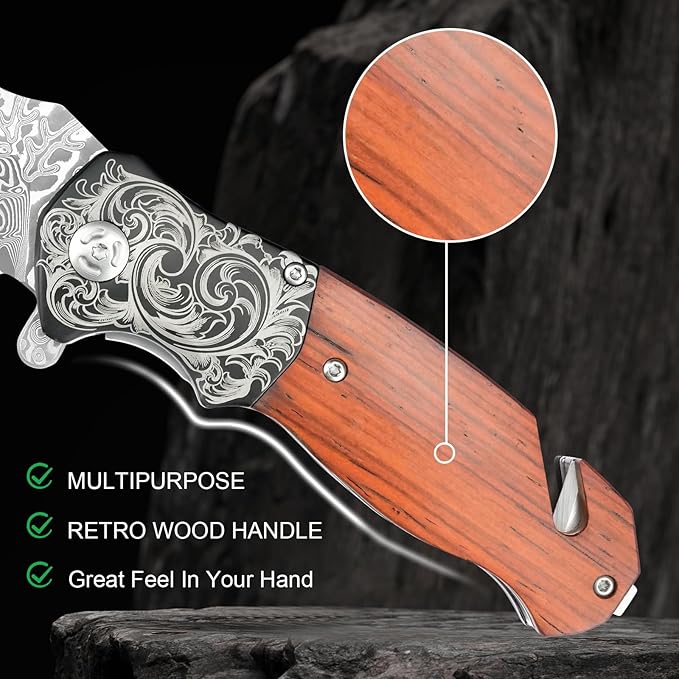 Zingbee Pocket Knife with Glass Breaker EDC Damascus Folding Knife with Seatbelt Cutter 3.35 VG10 Damascus Steel Blade Multitool Pocket Knives with Wood Handle