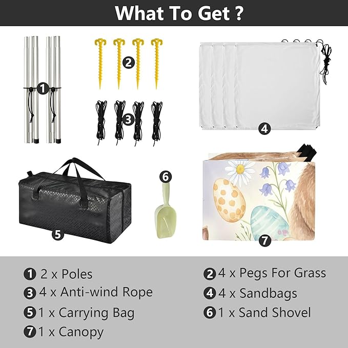 Easter Bunny Beach Canopy Sun Shelter with Sandbags &amp Sand Shovel &amp Windproof Ropes - Portable 110x126 Beach Shade Beach Tent for Camping Picnics