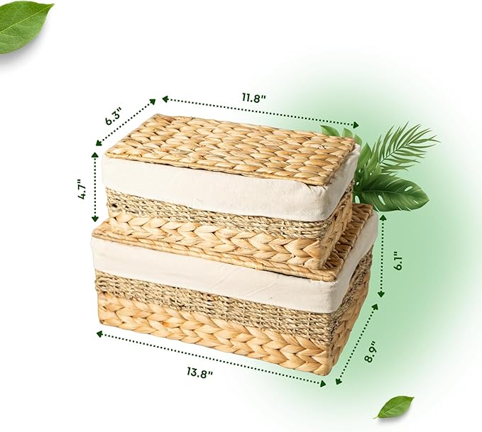 Wicker Storage Baskets with Lid and Lining Built-in Carry Handles Set of 2 Handwoven Water Hyacinth Storage Baskets For Organizing Home Decoration 2 Pack Natural
