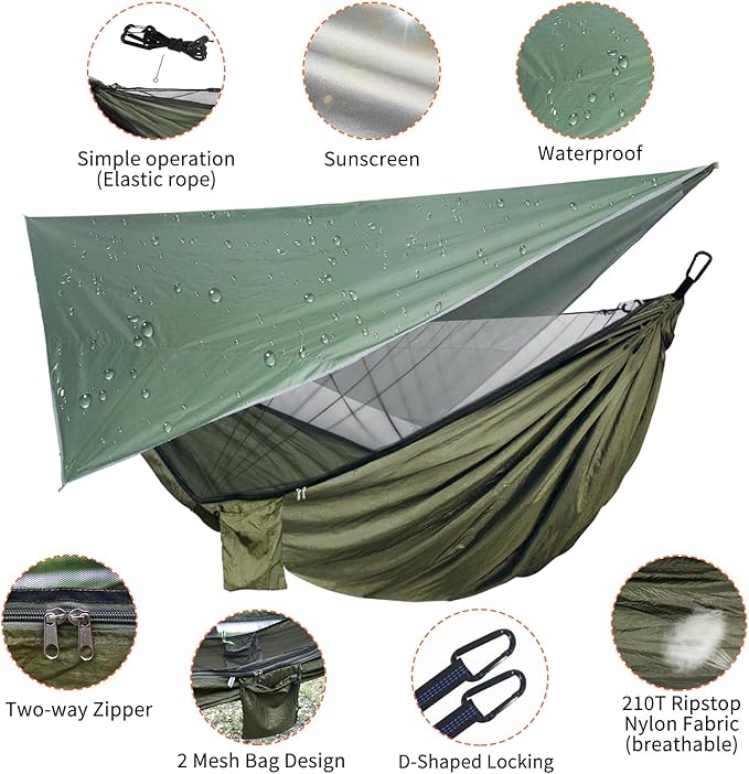 NewDoar Camping Hammock with Mosquito Net and Rain Fly TarpPortable Single Nylon Parachute Hammock Rainfly SetTree Straps Swing Hammock Bed for Outdoor Backpacking Backyard Hiking(ArmyGreen)