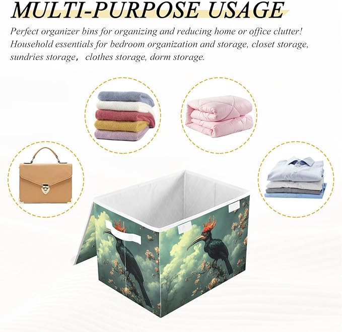 AIXIWAWA Lidded Storage Cube (Surreal Bird) Fabric Foldable Closet Bins with Flip Lid and Handles Organizer Basket Container 16.5 x 12.6 x 11.8 IN