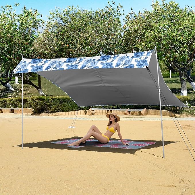 ALAZA Blue Rose Floral Flower Beach Tent Sun Shelter UPF50+ Protection Beach Shade Canopy w/ 4 Sandbags for Outdoor Camping Fishing Backyard Fun Picnic 10x9 ft