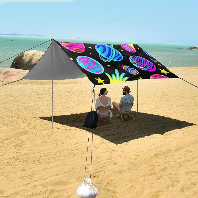 Beach Canopy with Windproof Ropes &amp Sandbags Beach Tent Sun Shade Sun Shelter for Camping Trips Fishing Backyard Fun or Picnics Planet