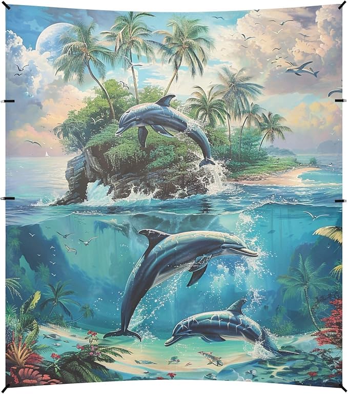 ALAZA Dolphins Tropical Island Caribbean Beach Tent Sun Shelter Portable Canopy Sunshade for Outdoor Camping Picnics Backyard Fun 10x9 ft