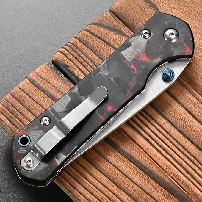 FF23 Folding Knife AUS-10 Steel Blade Carbon Fiber Handle with Pocket Clip for Men Women Outdoor Camping Fishing Working Survival(Red)