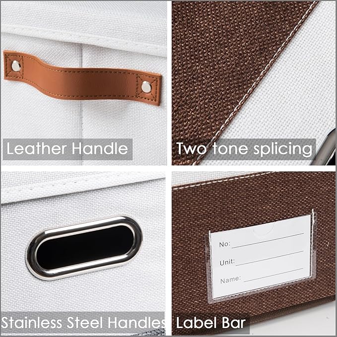 PRANDOM Foldable Storage Bins with Lids [3-Pack] Fabric Collapsible Storage Boxes Baskets Cubes Containers with Handles for Closet Living Room Bedroom (Brown &amp White 14.9x9.8x9.8'')
