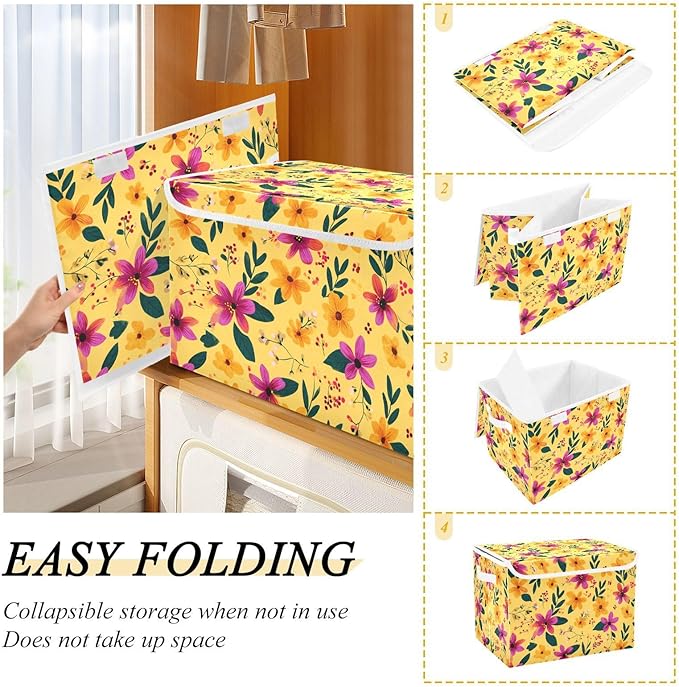 Bright Yellow Spring Flower Storage Box with Lid 1 PC Foldable Storage Bin with Lids Stackable Storage Bins Cube Closet Organizer Basket with Flip-Top Lid &amp Handles for Shoes Books Towels