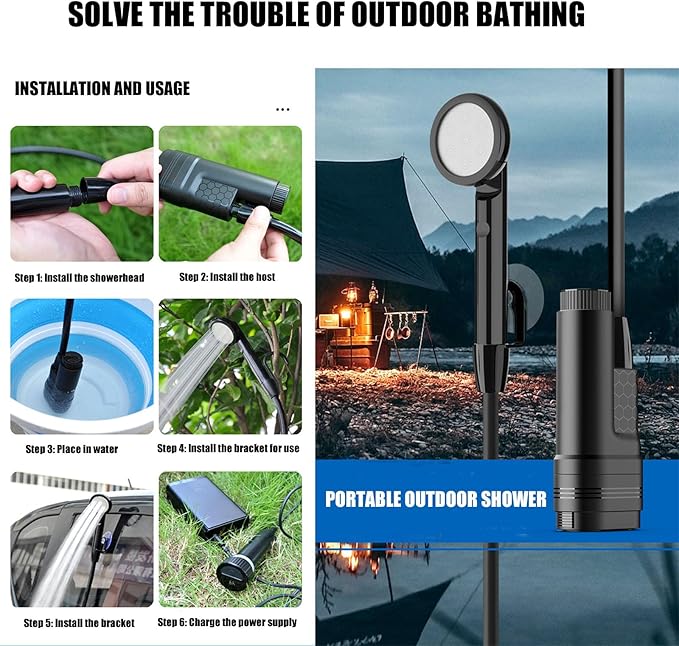 Portable shower camping shower outdoor shower with digital temperature display equipped with removable large capacity rechargeable batterySuitable for camping pet bathing
