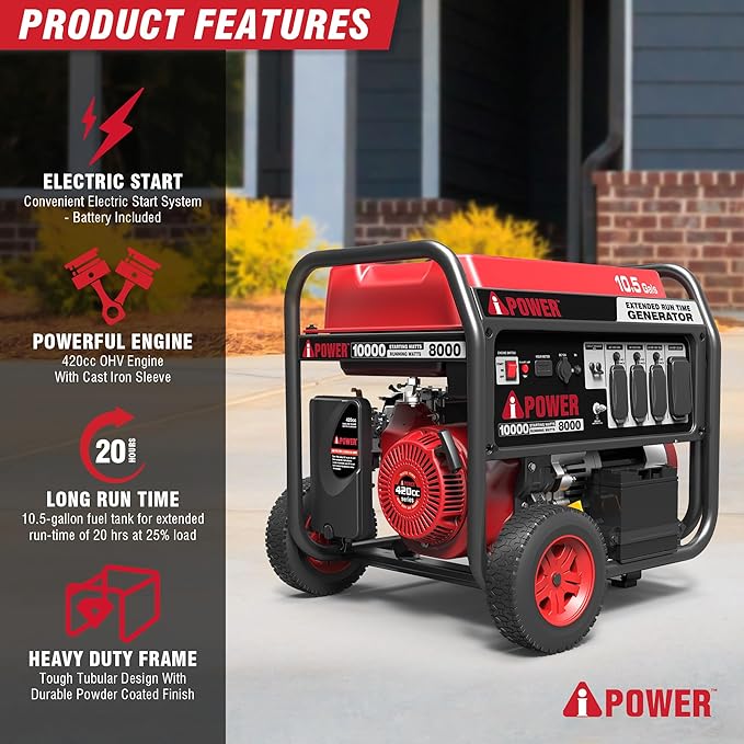 A-iPower 10000-Watt Electric Start Portable Generator Gas Powered with 420cc OHV Engine Heavy Duty Generators For Jobsite Home Use Emergency (AP10000E)