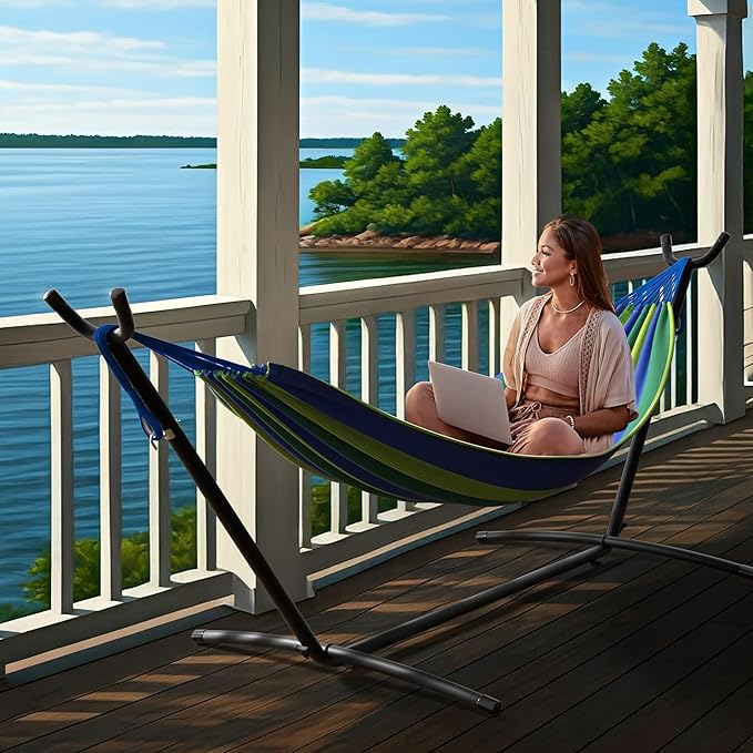 Sorbus 2-Person Hammock with Stand – 60 Cotton Blend Bed Heavy Duty 450lbs Capacity Portable with Carrying Case – for Garden Patio Outdoor Camping Gifts – Washable