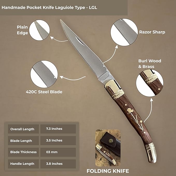 Perkin Handmade Pocket Knife with Leather Sheath - Legal Foldable Pocket Knifes for Men and Women Small EDC Lightweight Folding Knives with Laguiole Type-Gift for Unisex Adult Everyday Carry.