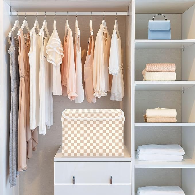 Brown Checkerboard Storage Baskets Lidded Bin Foldable Storage Boxes Cubes Lids with 2 Handles for Organizing Closet Home Office