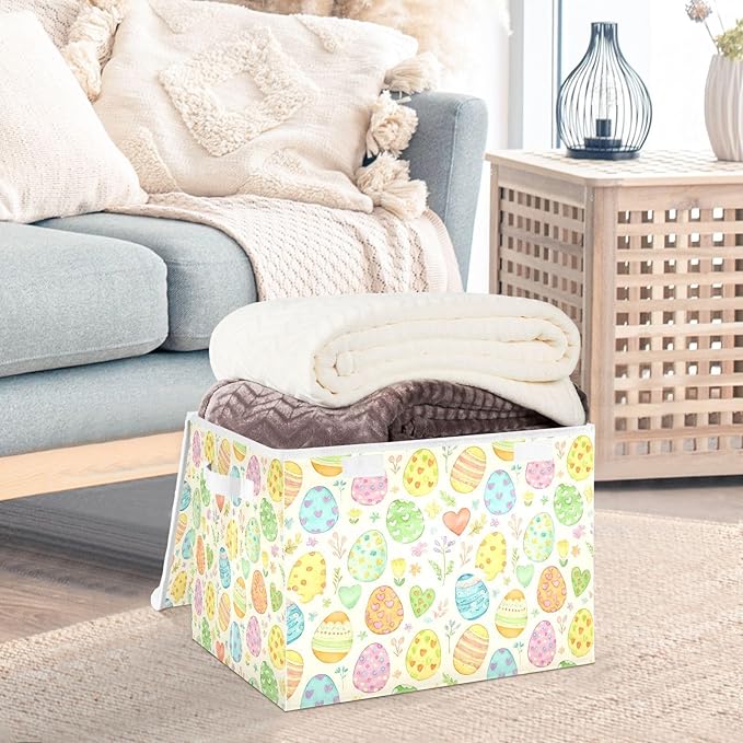 Yellow Decorative Easter Eggs Flowers Storage Box with Lid 1 PC Foldable Storage Bin with Lids Stackable Storage Bins Cube Closet Organizer Basket with Flip-Top Lid &amp Handles for Shoes Books