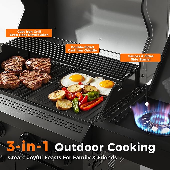 4 Burner Propane Gas Grill with 1 Side Burner 50000 BTU Outdoor BBQ Grill Heavy-Duty Steel Construction Cast Iron Cooking Grates &amp Griddle Backyard Patio Barbecue