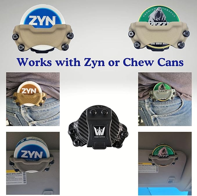 American Made Zyn Holder- Weber Tatical Kydex Container for Zyn Caffeine Pouches Snus Can Zyn Tin Zyn Case Slim Profile Easy Carry or Attach to Belts Bags &amp Car Visor
