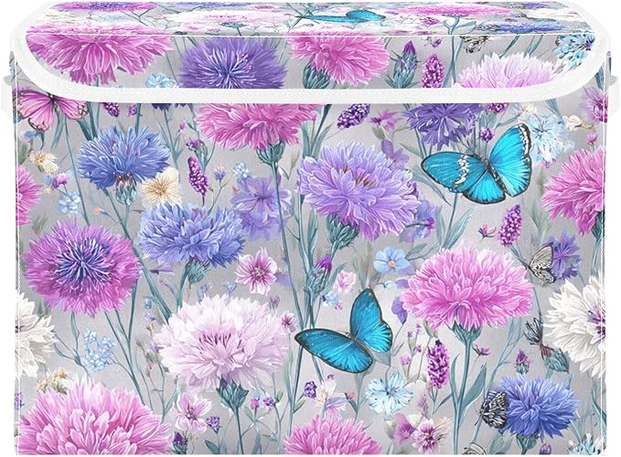 Grey Pink Corflower Butterfly Storage Box with Lid 1 PC Foldable Storage Bin with Lids Stackable Storage Bins Cube Closet Organizer Basket with Flip-Top Lid &amp Handles for Shoes Books Towels