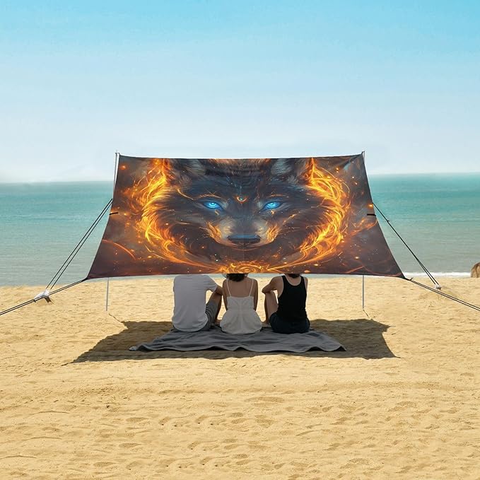 ALAZA Magic Wolf Alchemy Beach Tent Sun Shelter UPF50+ Protection Beach Shade Canopy w/ 4 Sandbags for Outdoor Camping Fishing Backyard Fun Picnic 10x9 ft