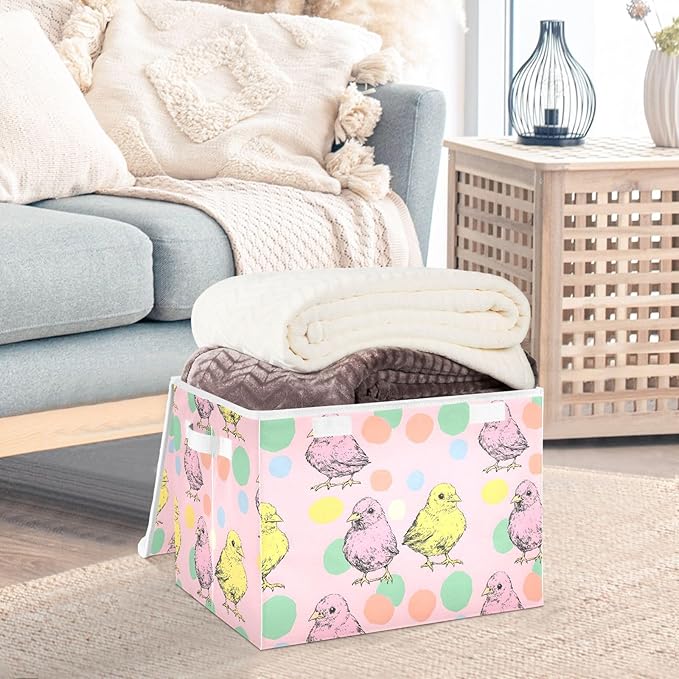 Cartoon Chicken Storage Cube Bins Basket with Lid Collapsible Flip-top Fabric with Handle for Home Bedroom Closet Office 16.5×12.6×11.8 in