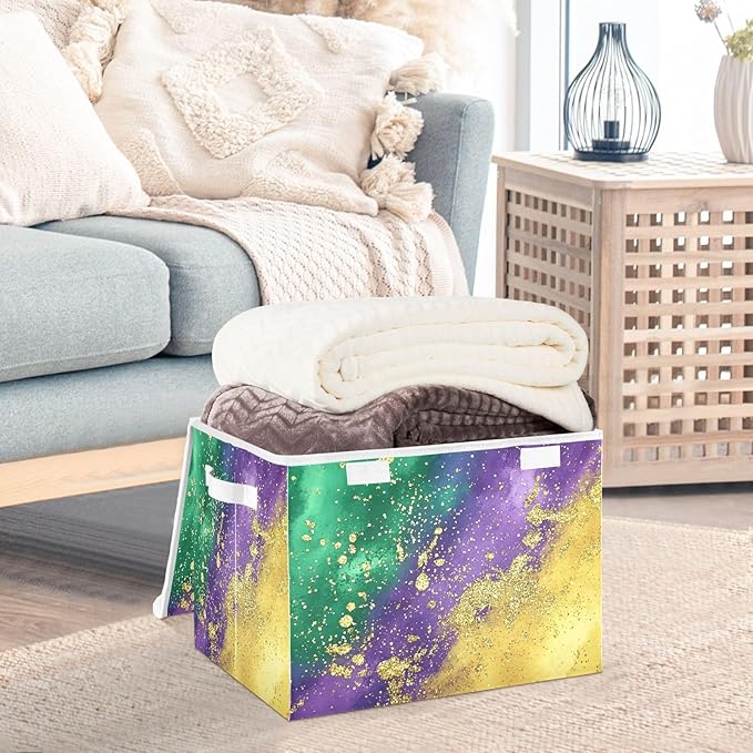 Mardi Gras Background Fabric Storage Bins with Lids and HandleFoldable Storage Bins with LidsCloset Organizers for Clothes Storage Room Organization Office Storage Chest Organizer