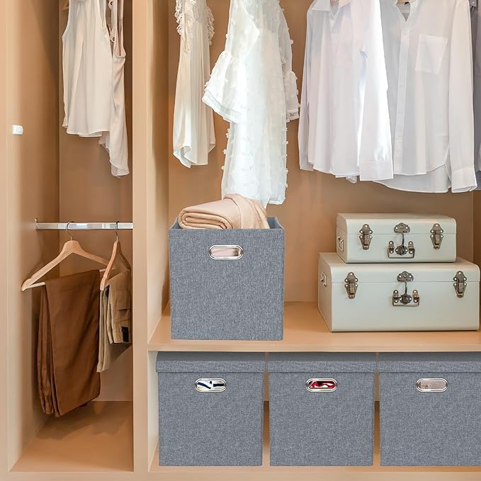 Storage Bins with Lids Collapsible Linen Fabric Boxes Organizer Containers with Lid Foldable Storage Box Basket for Closet Shelves Home Office 12 x 12 x 12.4 Inch 4 Pack Dark Gray