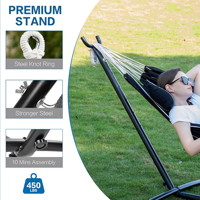PNAEUT Double Hammocks with Stand for Outside Portable Space Saving Heavy-Duty Steel Stand for Indoor Outdoor Patio with Carrying Bag 450 lbs Capacity (Chasm)