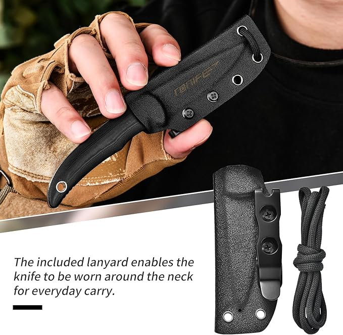 TONIFE Nova 2.68'' Blade Mini Neck Knife Full Tang Fixed Blade Knife with Kydex Sheath and Adjustable Paracord Lanyard for Camping Outdoor Survival Tool (Black+Black Titanium)