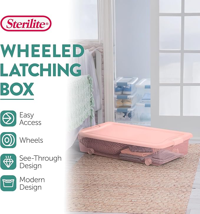 Sterilite 12 Pack Wheeled Under Bed Storage Container 56 Qt Plastic Bin w/Latching Lid for Organization - Clothes &amp Shoes Organizer Pearl Blush Tint