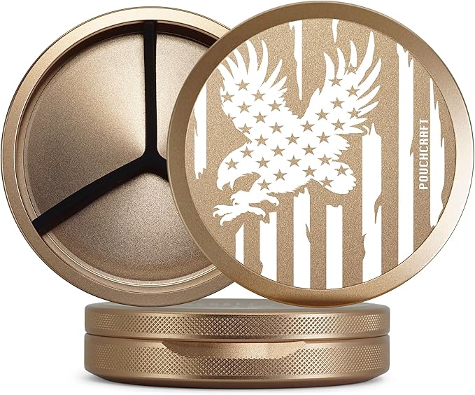 Metal Pouch Can | Aluminum Container for Pouches with Removable Silicone Divider | Airtight O-Ring Moisture Odor Proof EDC Pocket Tin | American Flag Edition (Tall Rose Gold)