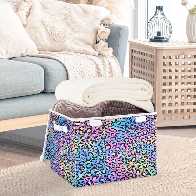 Holographic Leopard Print on Gradient Storage Boxes with Lids Stackable Closet Organizers Containers for Clothes for