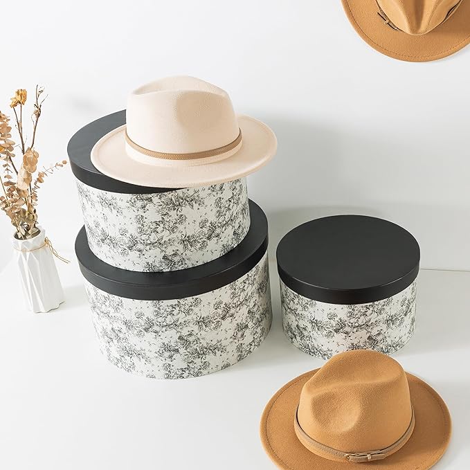 Soul &amp Lane Floral Hat Round Boxes with Lids Set of 3 Nesting Cardboard Hat Storage Large Black Print Cases Stacking Round Decorative Keepsake Boxes for Organizing