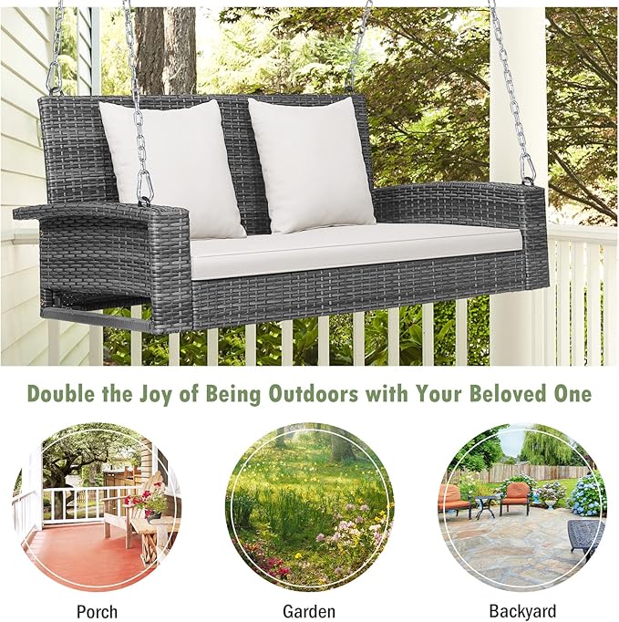 Tangkula 2 Person Wicker Hanging Porch Swing Patiojoy Outdoor Rattan Swing with Soft Cushions and 2 Rustproof Steel Chains 800 LBS Patio Swing Bench for Balcony Garden and Yard