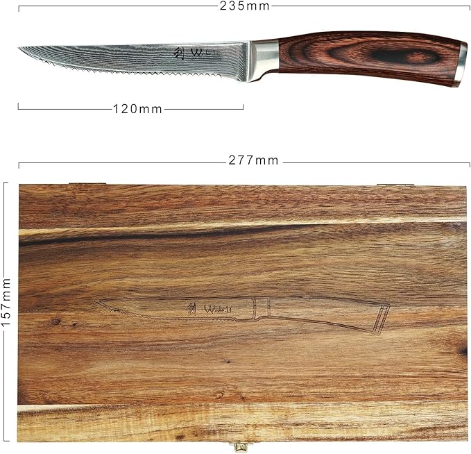 Wakoli EDIB 4-Piece Damascus Steak Knife Set – Professional Dining Kitchen Knives with VG10 Core Blades 67-Layer Damascus Steel &amp Ergonomic Pakkawood Handles – Premium Steak Cutlery in Gift Box