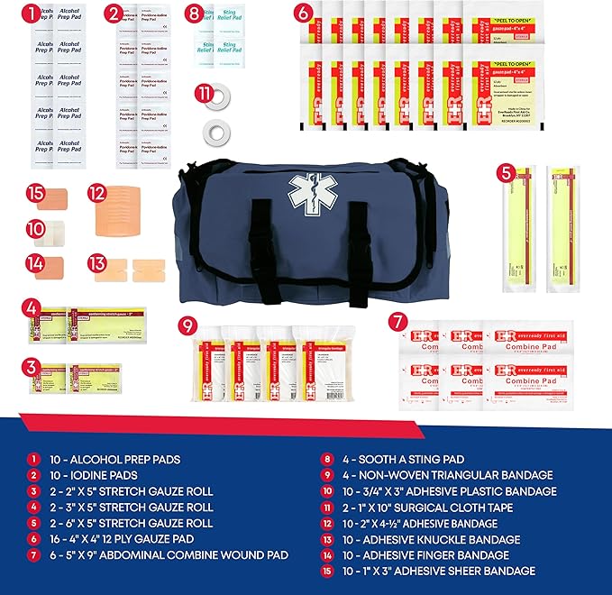 First Responder Trauma First Aid Kit Bag – Fully Stocked Emergency Medical Kit for Workplace Vehicle &amp Home – OSHA &amp ANSI Compliant – Portable – Blue