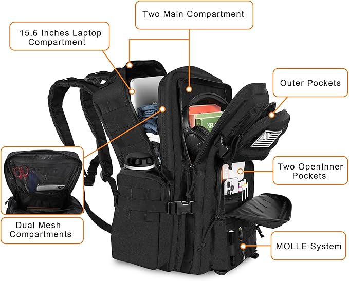 Military Tactical Backpack with Hidden Rain Cover 50L MOLLE Army Backpack for Men 3-Day Assault Rucksack for Trekking Heavy Duty Waterproof Pack Bag for Camping Hiking - Khaki