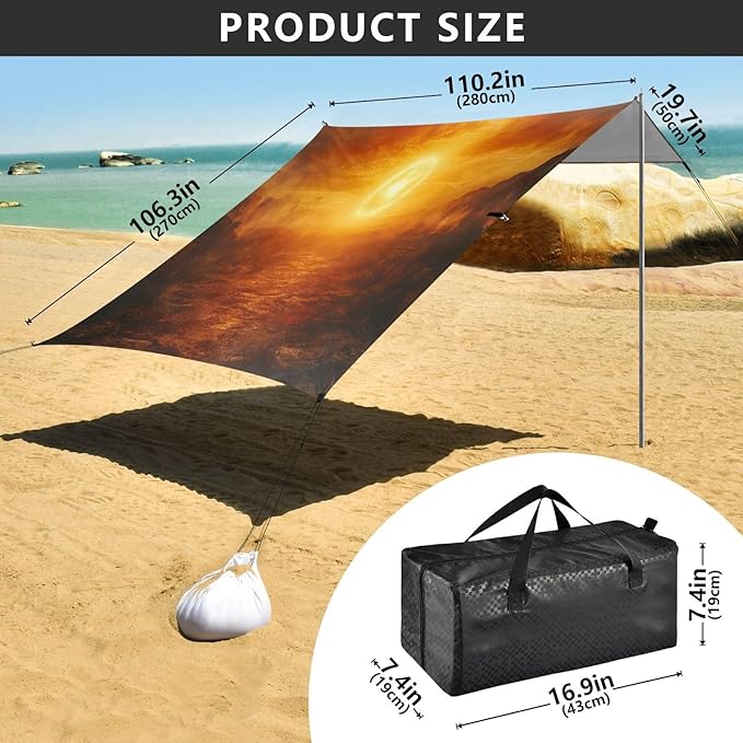 Twilight Oil Painting Beach Tent Sun Shelter Set UPF50+ UV Protection 10.5 x 9.19 FT Camping Shade Canopy with Sandbags Sand Anchors Carrying Bag and Others