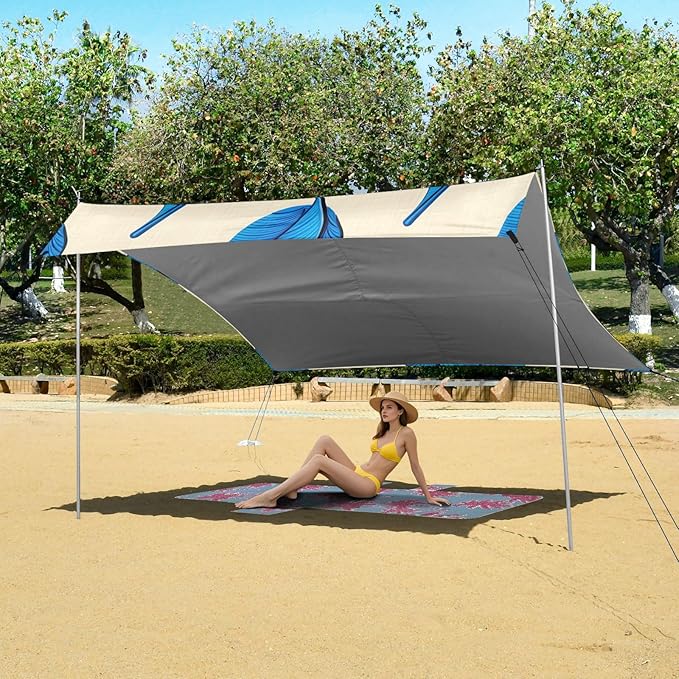Beach Canopy with Windproof Ropes &amp Sandbags Beach Tent Sun Shade Sun Shelter for Camping Trips Fishing Backyard Fun or Picnics Leaves