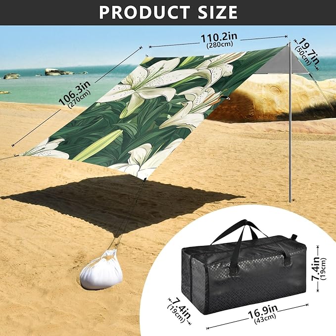 ALAZA Lily Floral Flowers and Leaves Beach Tent Sun Shelter Portable Canopy Sunshade for Outdoor Camping Picnics Backyard Fun 10x9 ft
