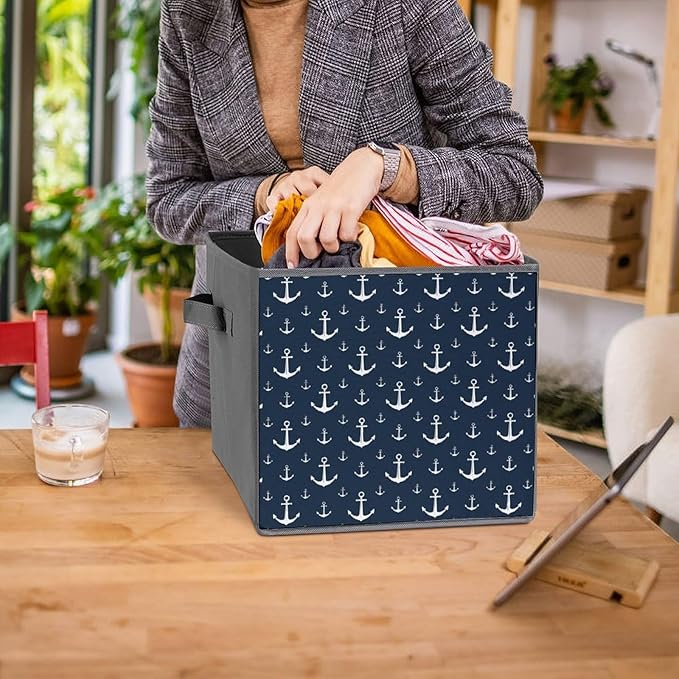 Collapsible Cube Storage Organizer with Handles Nautical Anchor Foldable Fabric Bin for Shelves Perfect for Closet Bathroom Kids' Room &amp Nursery