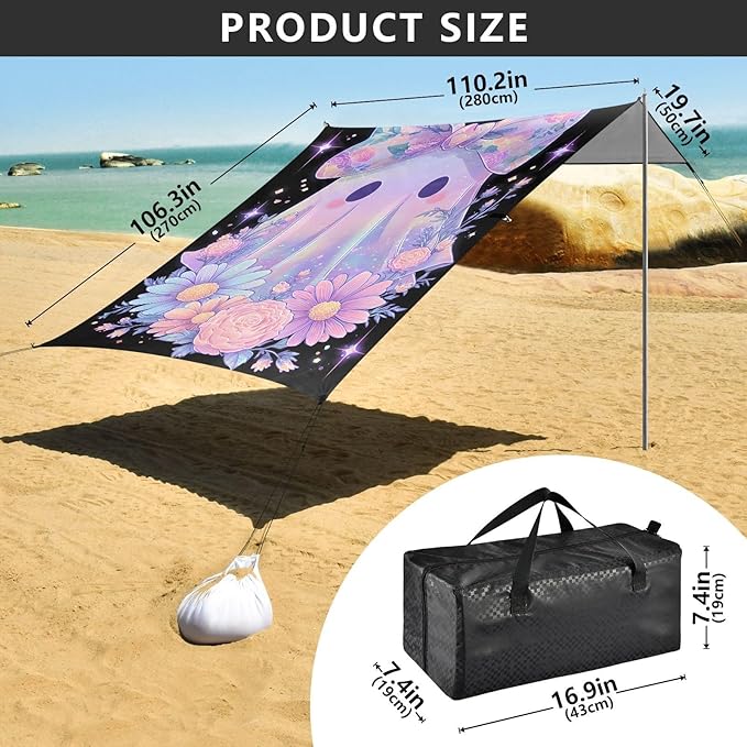 ALAZA Cute Ghost Bow Halloween Beach Tent Sun Shelter UPF50+ Protection Beach Shade Canopy w/ 4 Sandbags for Outdoor Camping Fishing Backyard Fun Picnic 10x9 ft