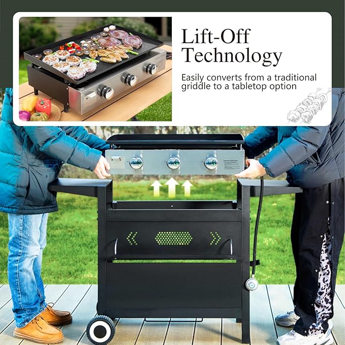 Sophia &amp William 28-Inch Flat Top Grill with Ceramic Coated Cast Iron Griddle 3-Burner Propane Gas BBQ Griddle Portable Outdoor Barbecue Grill33000 BTUBlack