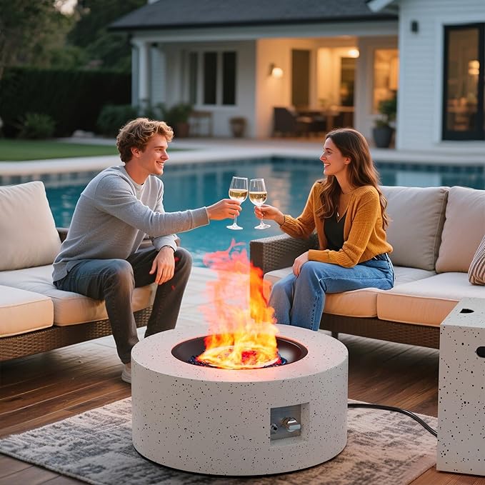30' Outdoor Fire Pit Table with 50000 BTU Output Premium Gas Fire Pit Tables for Outside Patio Round Propane Fire Pit with Glass Stones Waterproof Cover (White 30 inch)
