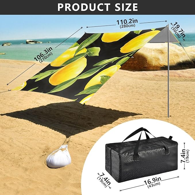 ALAZA Lemon Pattern on Black Beach Tent Sun Shelter Portable Canopy Sunshade for Outdoor Camping Picnics Backyard Fun 10x9 ft